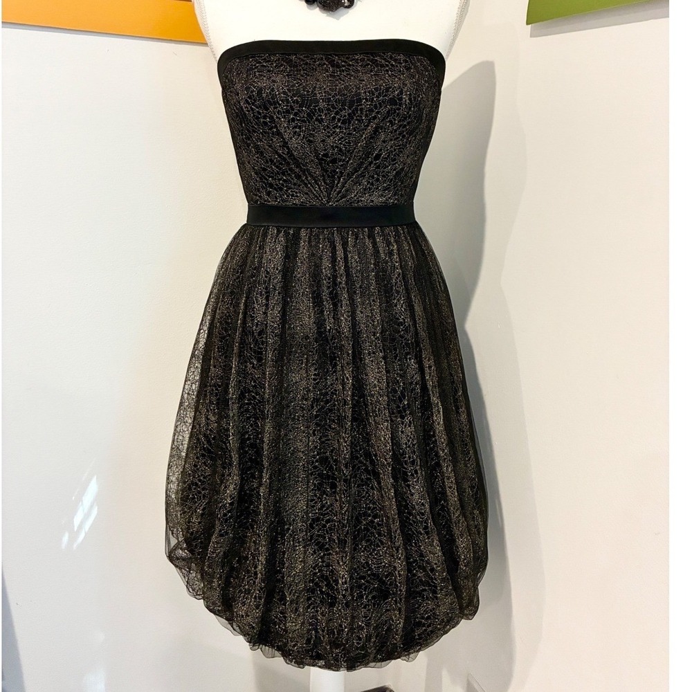 Nine West Dress 6 Black Gold Metallic Lace Strapless Homecoming Cocktail